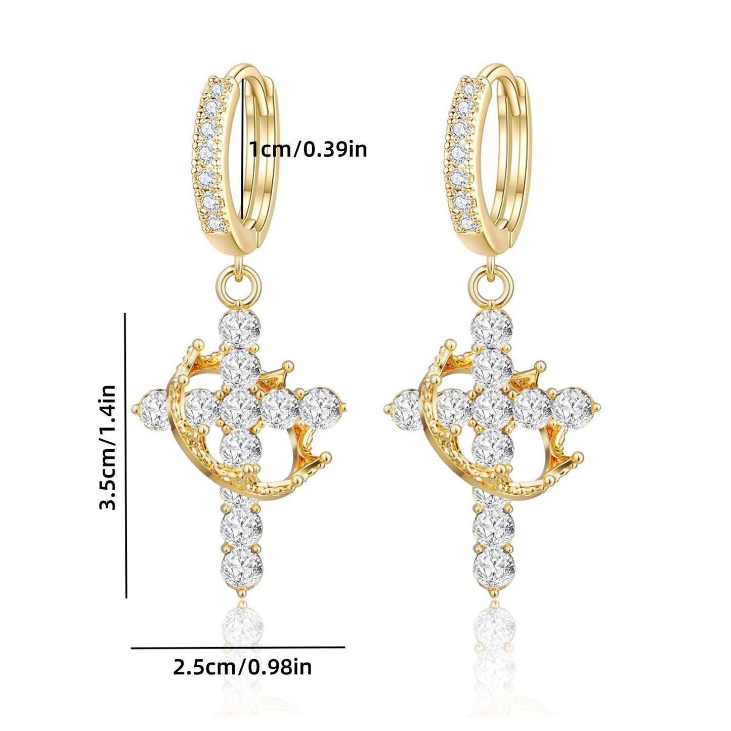 Gold Tone Zircon Pave Cross Dangle Hoop Earrings