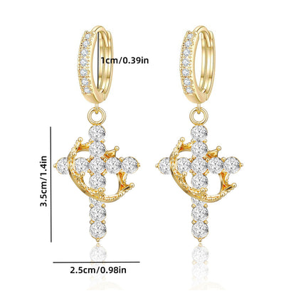 Gold Tone Zircon Pave Cross Dangle Hoop Earrings