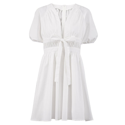 Sexy Deep V-Neck White Mini Dress - Elegant Puff Sleeve Cut-Out Waist Summer Skirt for Women