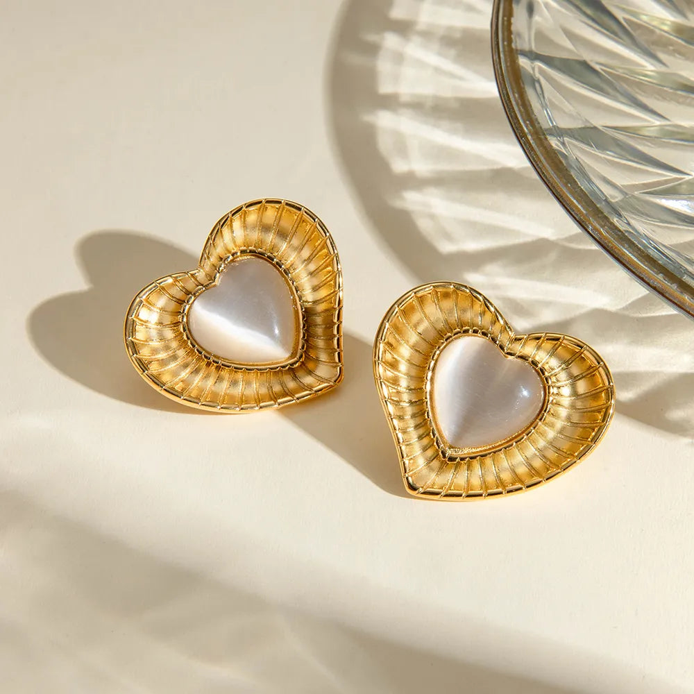 Gold Tone Cat Eye Stone Heart Stud Earrings