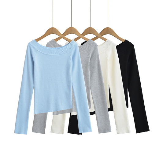 Chic Off-Shoulder Asymmetrical Knit Top – Slim Fit Elastic Long Sleeve Shirt for Women