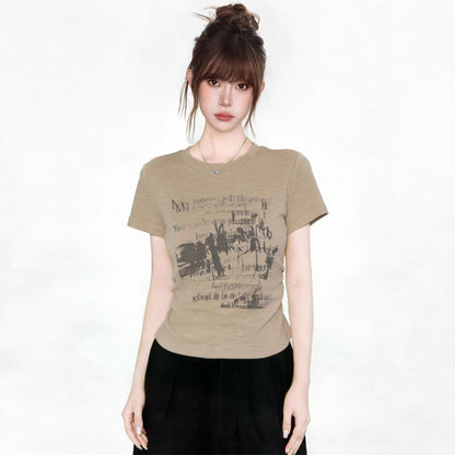 Summer Fashion Round Neck Fitted Tee - Retro Graphic Top for Women