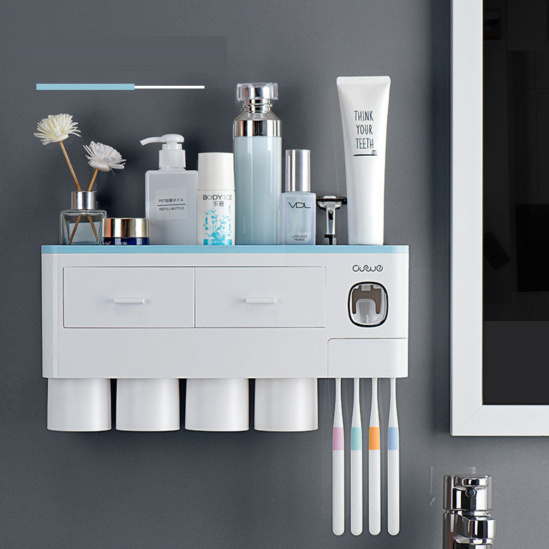 All-in-One Wall-Mounted Toothbrush Holder – Magnetic Cup Set with Automatic Toothpaste Squeezer & Storage Drawer