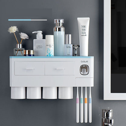 All-in-One Wall-Mounted Toothbrush Holder – Magnetic Cup Set with Automatic Toothpaste Squeezer & Storage Drawer