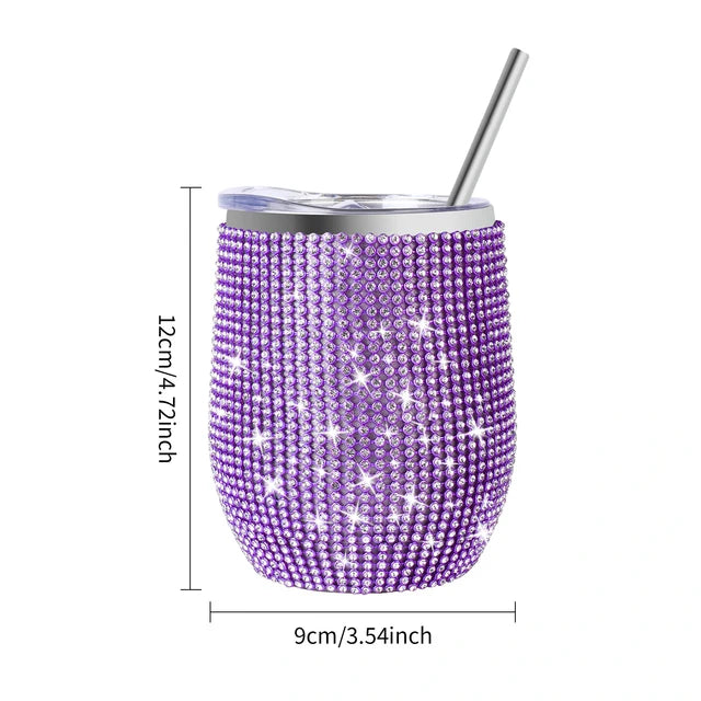 12oz Luxury Diamond Rhinestone Wine Tumbler - Insulated Stainless Steel Cup with Straw & Lid