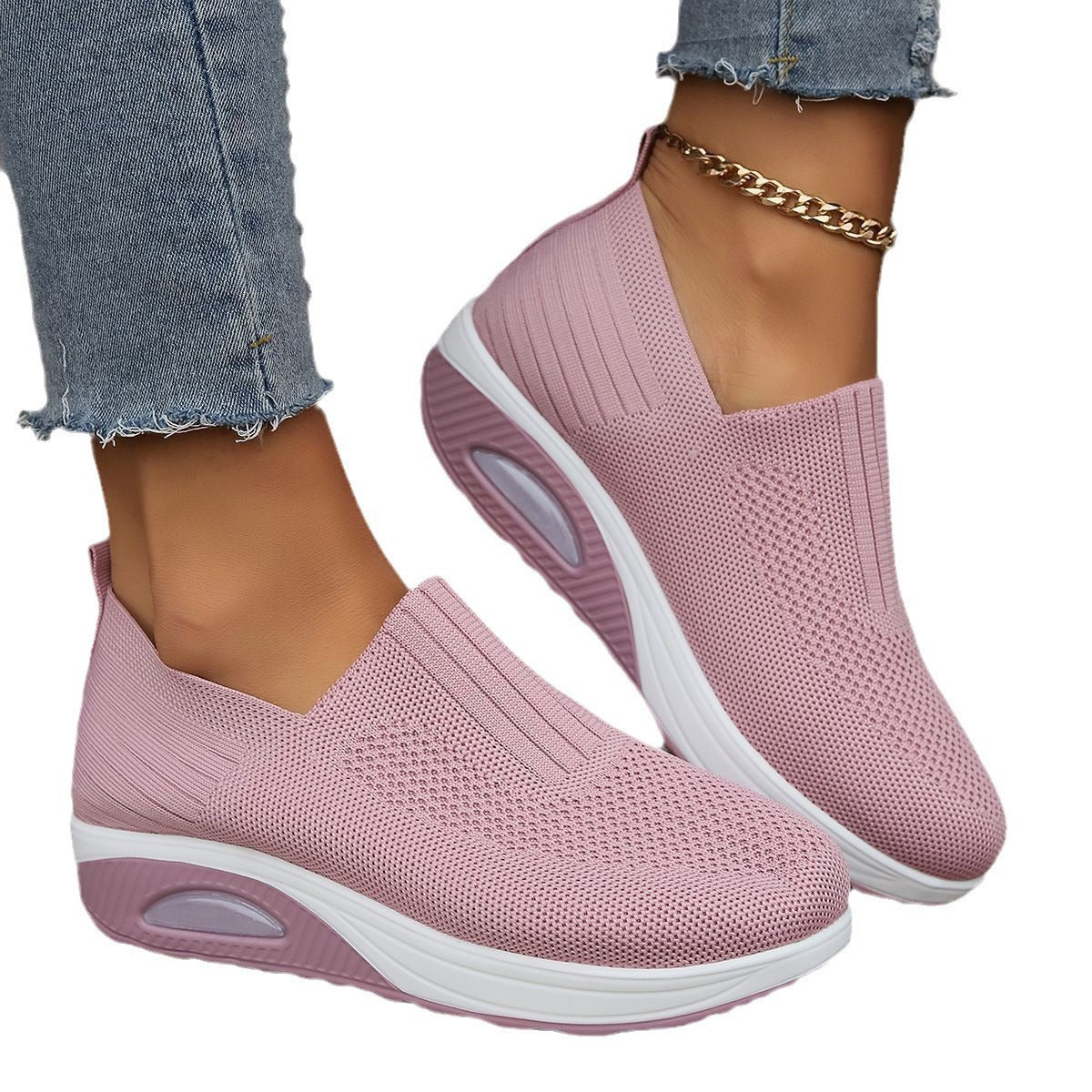 Women's Slip-On Flyknit Shoes - Thick Air Cushion Soft Sole Sneakers