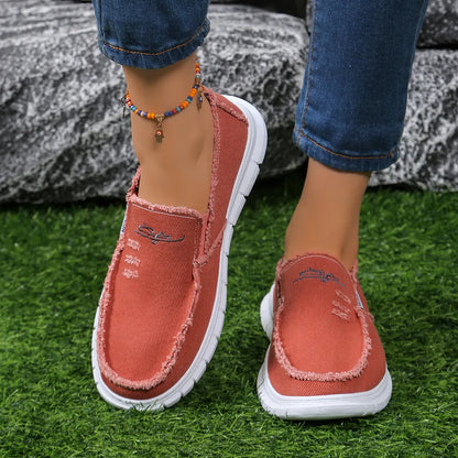 Women's Raw Edge Canvas Slip-Ons - Comfortable Round Toe Embroidery Flat Shoes