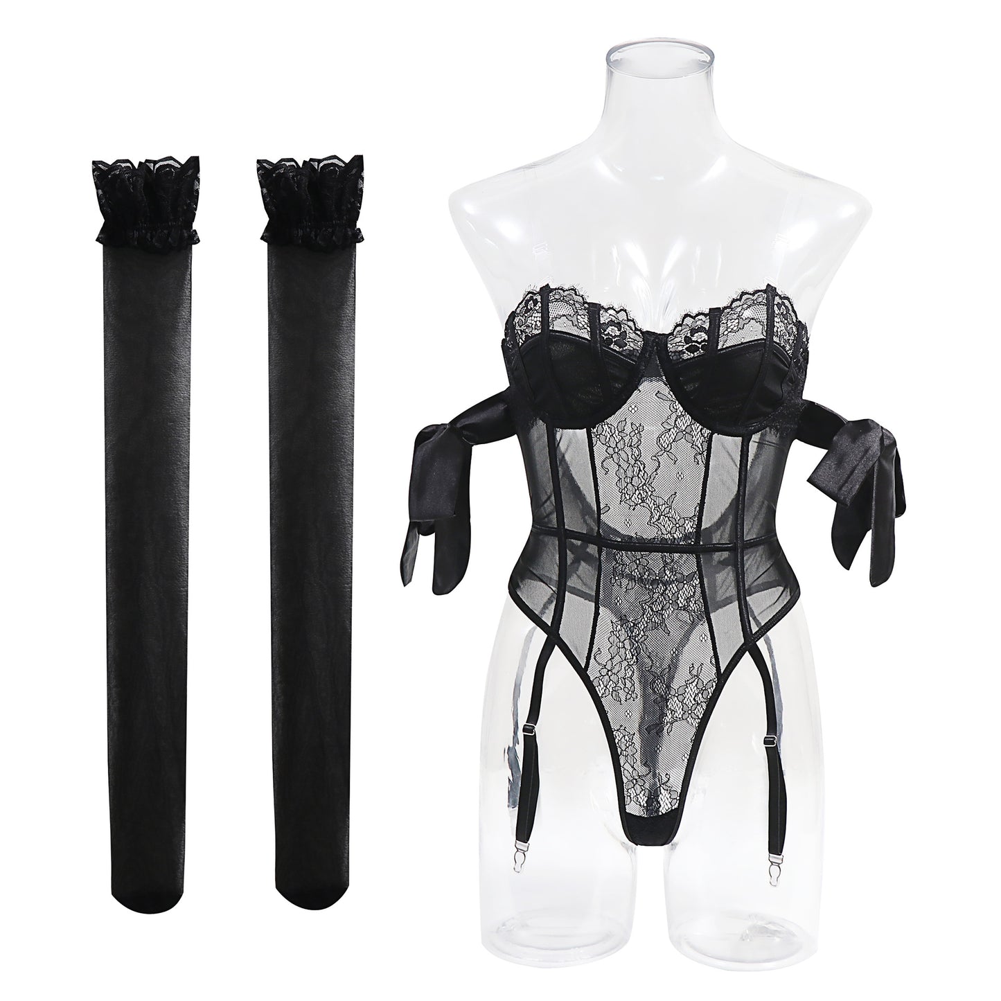 Purple Lace Bodysuit with Garter Straps and Matching Stockings Set