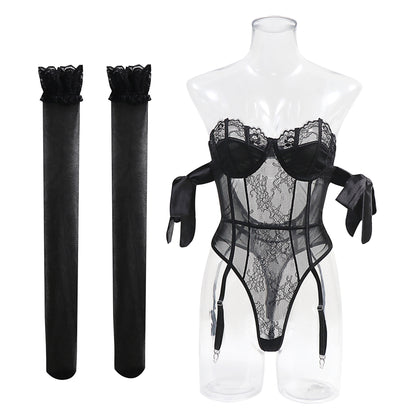 Purple Lace Bodysuit with Garter Straps and Matching Stockings Set