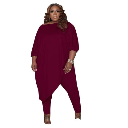 Trendy 2-Piece Women's Lounge Set - Asymmetric Diagonal Collar T-Shirt & Matching Slim Trousers
