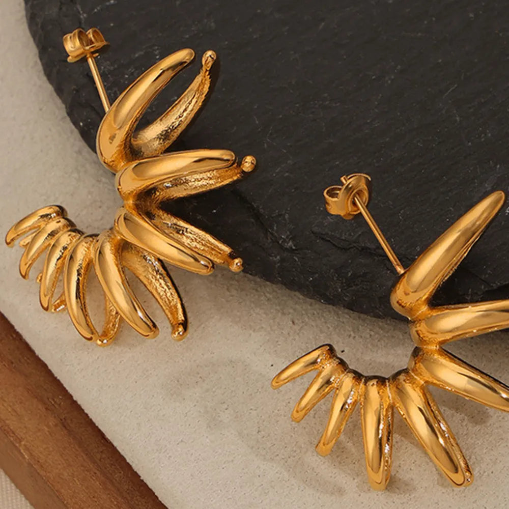 Bold Gold Tone Irregular Flower Statement Earrings