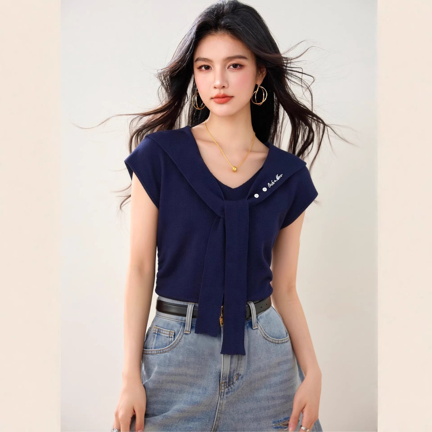 Women's Sailor Collar Embroidered Knit Top - Mock Two-Piece Flutter Sleeve Shirt