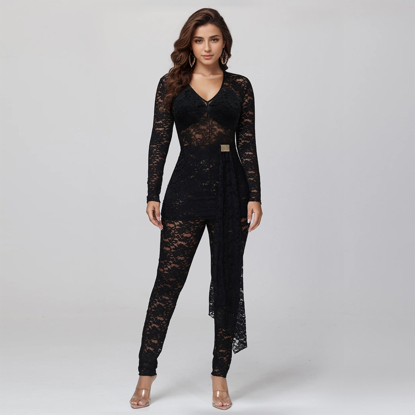 Alluring Sheer Lace Floral Jumpsuit - Elegant Long Sleeve See-Through Party Bodysuit