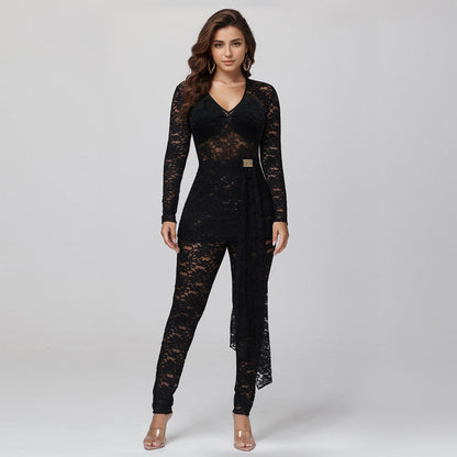 Alluring Sheer Lace Floral Jumpsuit - Elegant Long Sleeve See-Through Party Bodysuit