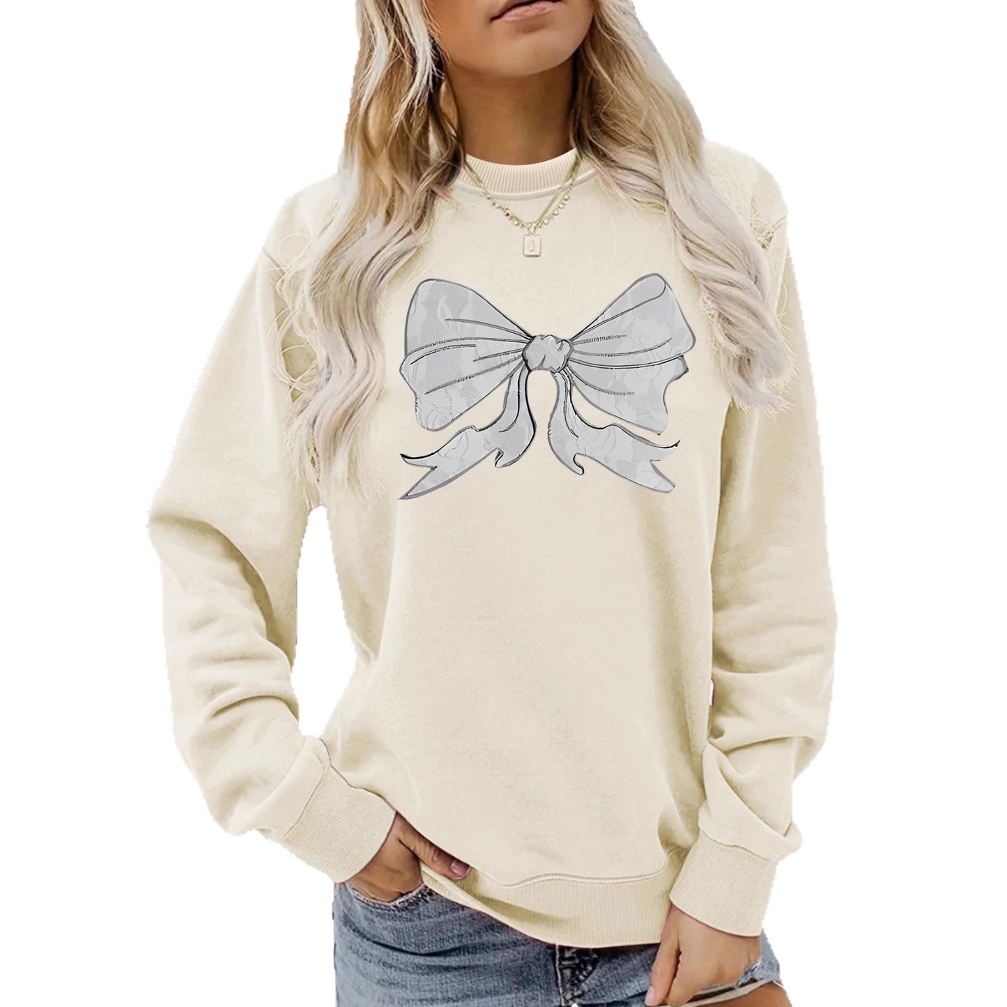 Elegant Bow Pattern Printed Crewneck Sweatshirt | Casual Women's Pullover Top