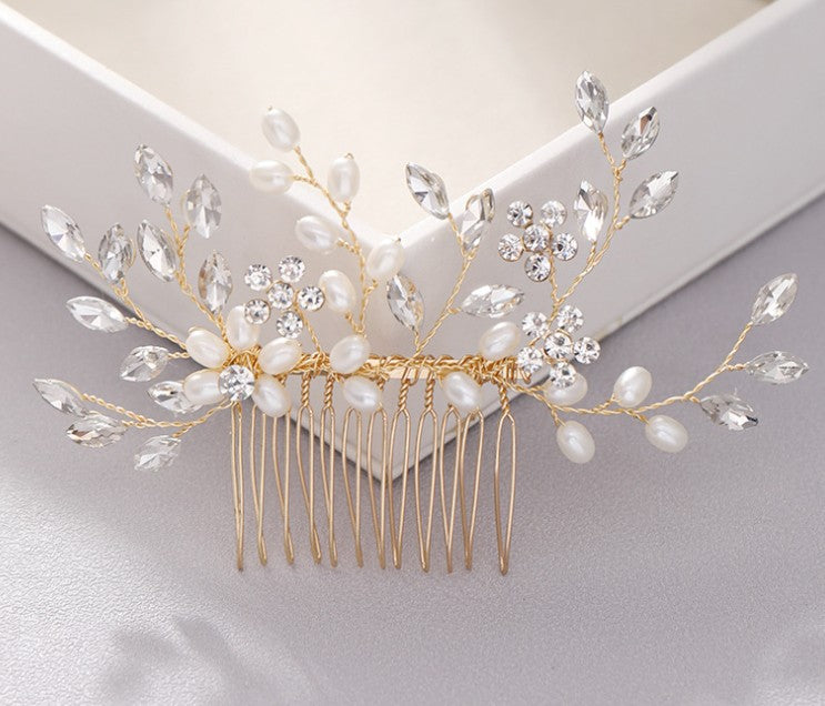 Elegant Hand-Woven Pearl and Crystal Bridal Hair Comb Headdress