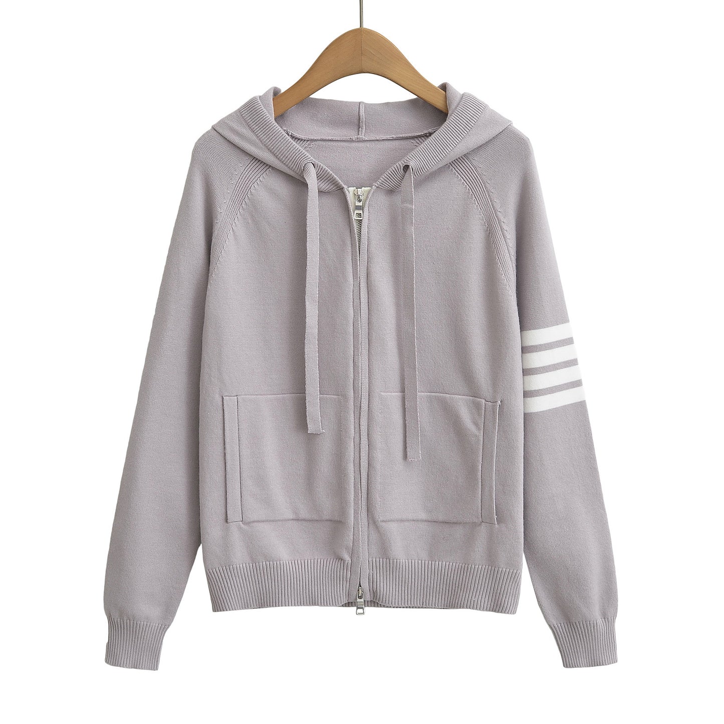 Cozy Full-Zip Hooded Knitted Sweater – Casual Striped Sleeve Hoodie for Women