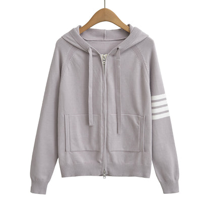 Cozy Full-Zip Hooded Knitted Sweater – Casual Striped Sleeve Hoodie for Women