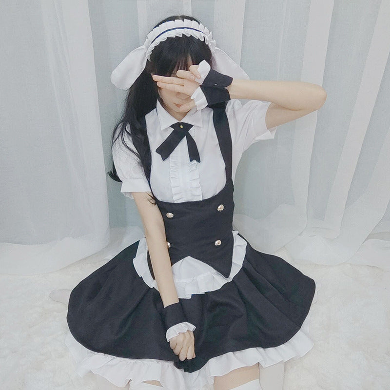 Cute Gothic Lolita Maid Dress - Playful Black & White Tuxedo Style Fluffy Mini Skirt with Bunny Ears