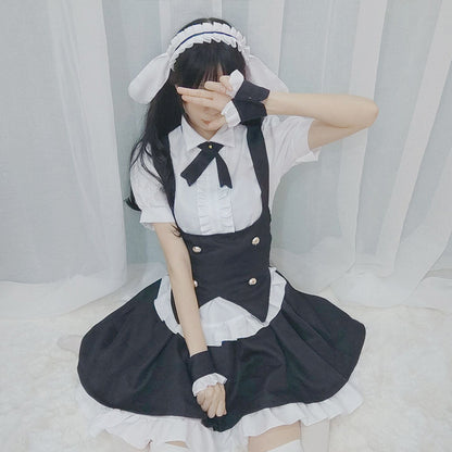 Cute Gothic Lolita Maid Dress - Playful Black & White Tuxedo Style Fluffy Mini Skirt with Bunny Ears