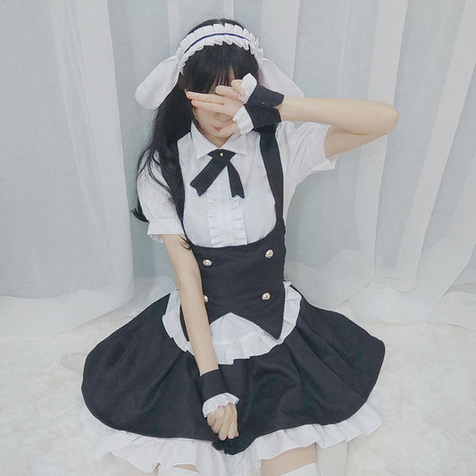 Cute Gothic Lolita Maid Dress - Playful Black & White Tuxedo Style Fluffy Mini Skirt with Bunny Ears