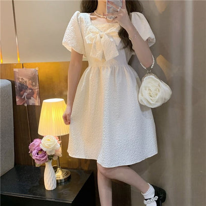 Elegant Square Neck White Bow Mini Dress - Sweet Fairy Style Puff Sleeve Cake Skirt for Women