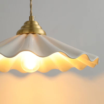 All-Copper Retro Rice-Hat Pendant Light – Elegant Floral Ceramic Chandelier for Bedroom & Cafe