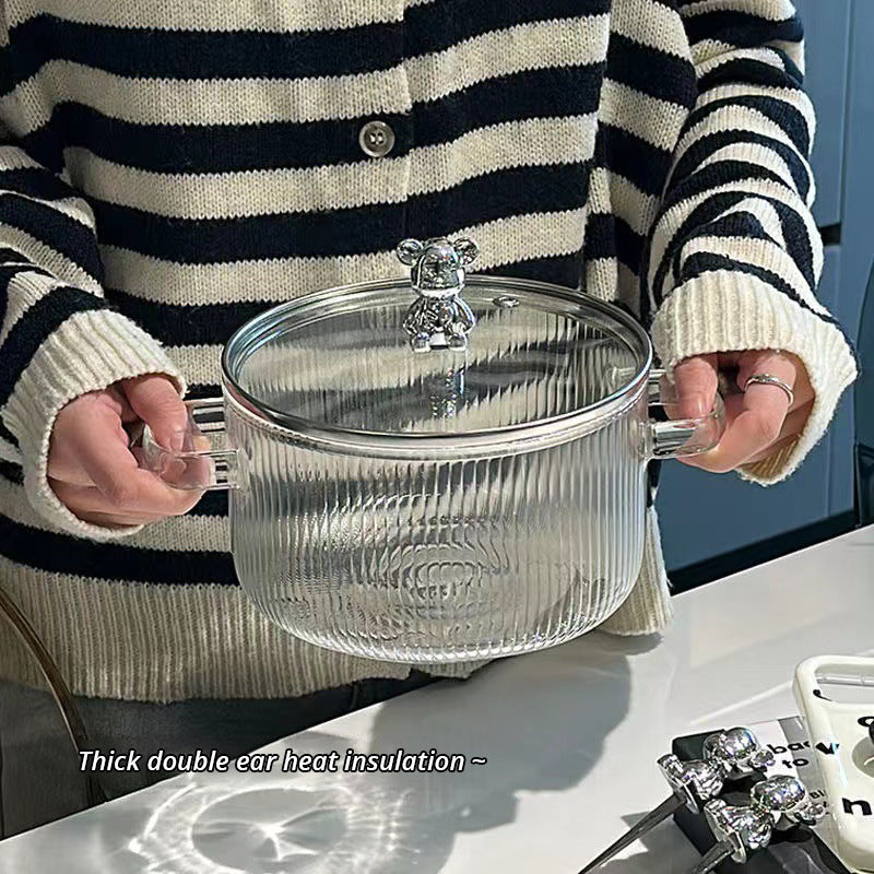 Heat-Resistant Borosilicate Glass Soup Pot with Bear Handle Lid - Flame-Safe Instant Noodle Bowl & Salad Pot with Handles