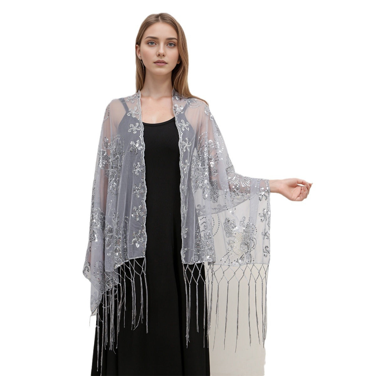 Long Fringe Sequin Embroidered Shawl | Party Dress Evening Banquet Thin Scarf