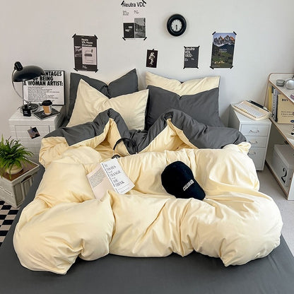 Premium Washed Cotton Double-Spliced Bedding Set – Soft Sky Blue & Cream 4-Piece Duvet Cover Set for Dormitory & Home
