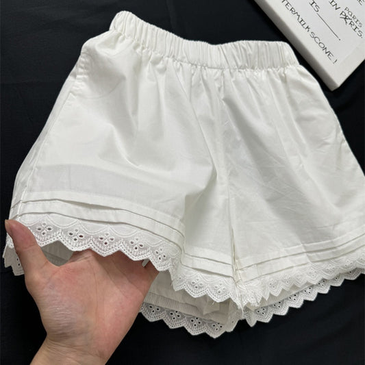 Elegant White Lace Trim Shorts for Women - High Waist Summer Beach Wear