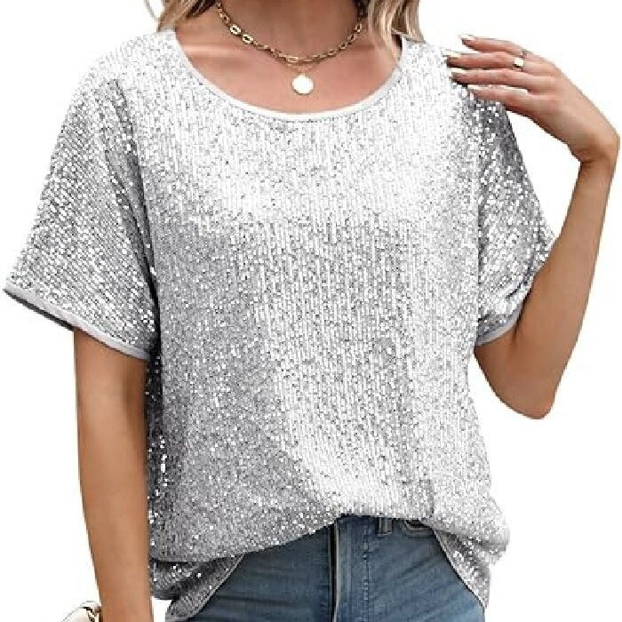 Sparkly Champagne Sequin Party Top - Glamorous Loose Fit Short Sleeve Evening Tee
