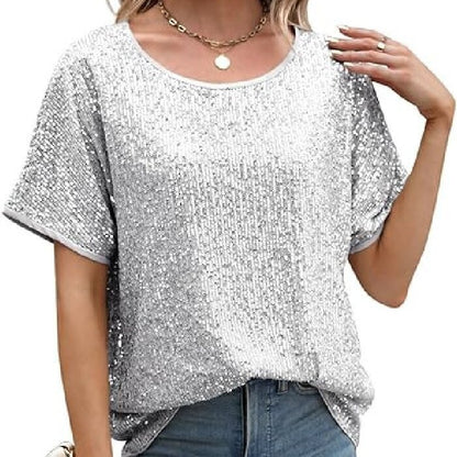 Sparkly Champagne Sequin Party Top - Glamorous Loose Fit Short Sleeve Evening Tee