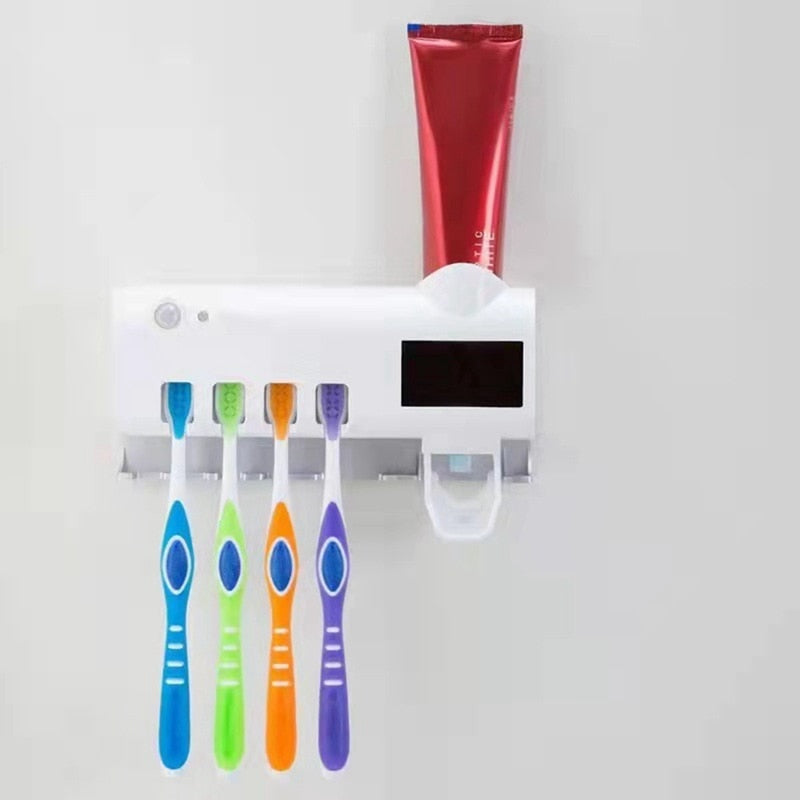 Smart UV Toothbrush Sanitizer & Holder – Wall-Mounted Automatic Toothpaste Squeezer for Bathroom Hygiene