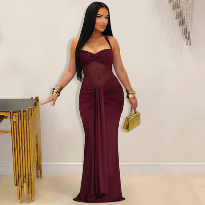Elegant White Sheer Mesh Halter Maxi Dress – Sexy Tie-Back Glamorous Evening Gown for Women