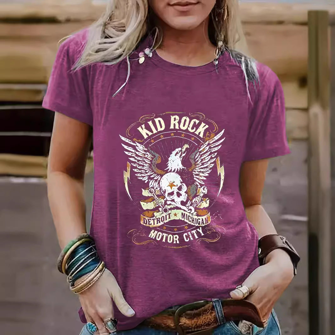 Vintage Eagle Pattern Round Neck Short Sleeved T-Shirt | Graphic Print Top for Men/Women