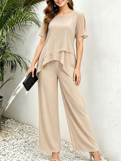 Women's Elegant Irregular Layered Top and Wide-Leg Pants Two-Piece Set