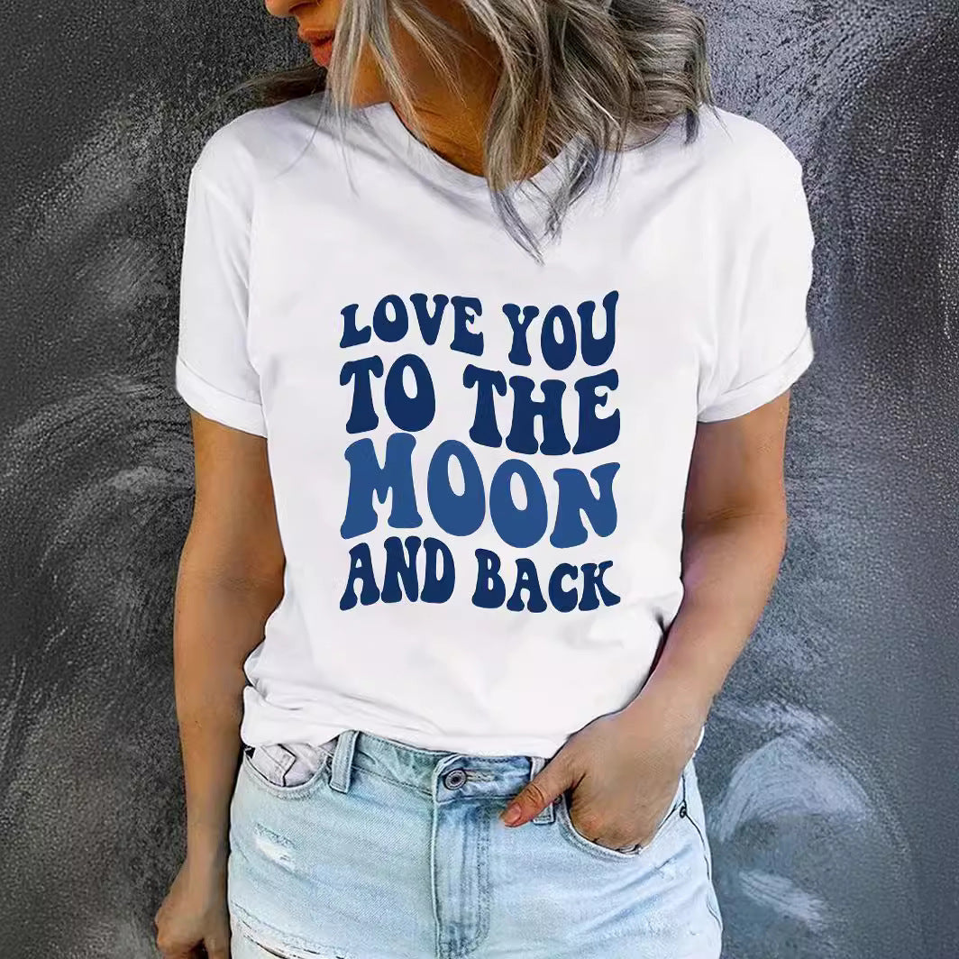 Love You to the Moon and Back' Slogan Printed Round Neck Short Sleeved Shirt