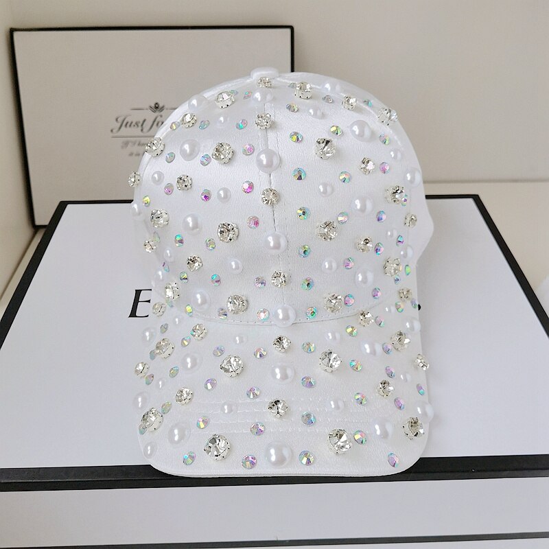 Elegant Pearl & Rhinestone Luxury Baseball Cap for Women - Adjustable Fashion Sun Hat