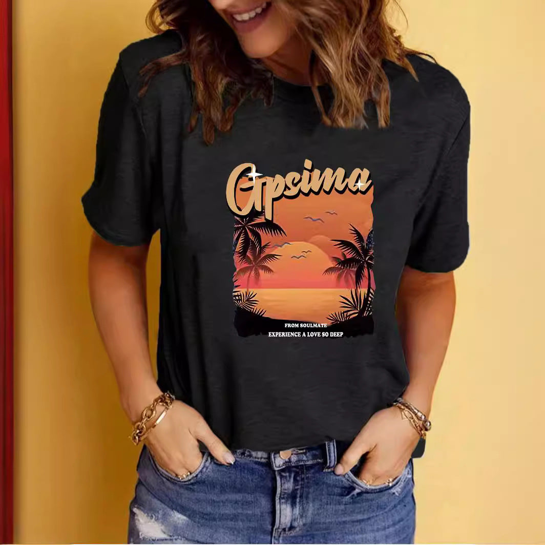GPSIMA Sunset Beach Printed Round Neck Short Sleeve T-Shirt | Graphic Vacation Tee
