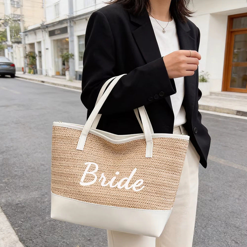 Large Capacity Seaside Beach Bag with Bride Embroidery