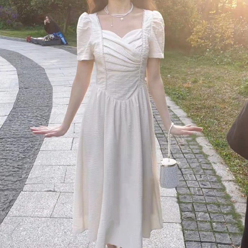 French Retro Fairy White Maxi Dress - Elegant Short Puff Sleeve High Waist Gentle Temperament Long Skirt