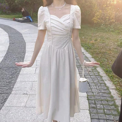 French Retro Fairy White Maxi Dress - Elegant Short Puff Sleeve High Waist Gentle Temperament Long Skirt
