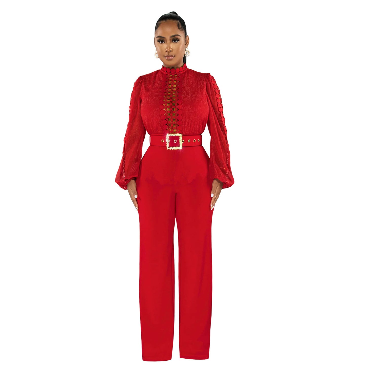 Chic Solid Color Long Sleeve Belted Jumpsuit - Elegant Ruffle Cut-out Party Trousers