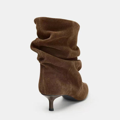 Women's Pleated Mid-Calf Boots - Pointed Toe Medium Kitten Heel Velvet Boots