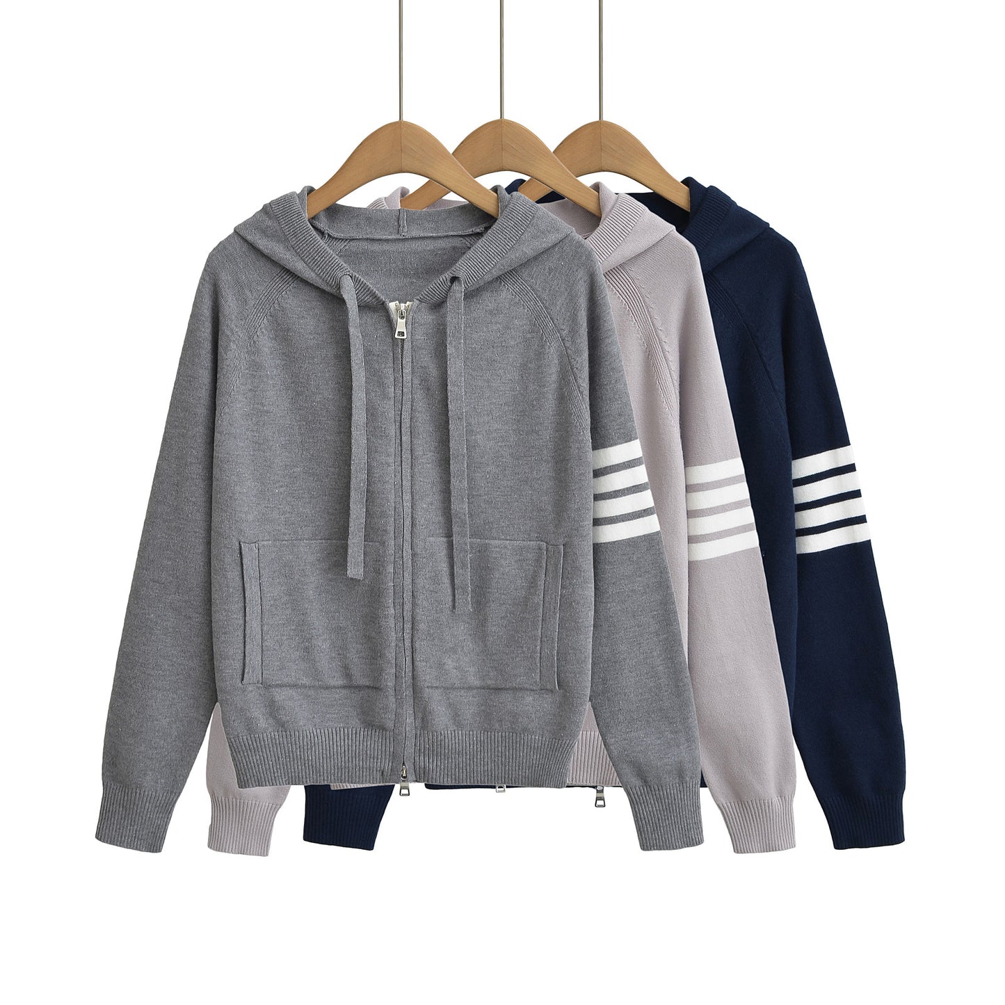 Cozy Full-Zip Hooded Knitted Sweater – Casual Striped Sleeve Hoodie for Women