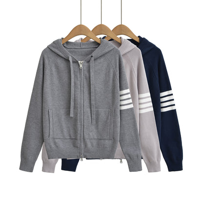 Cozy Full-Zip Hooded Knitted Sweater – Casual Striped Sleeve Hoodie for Women
