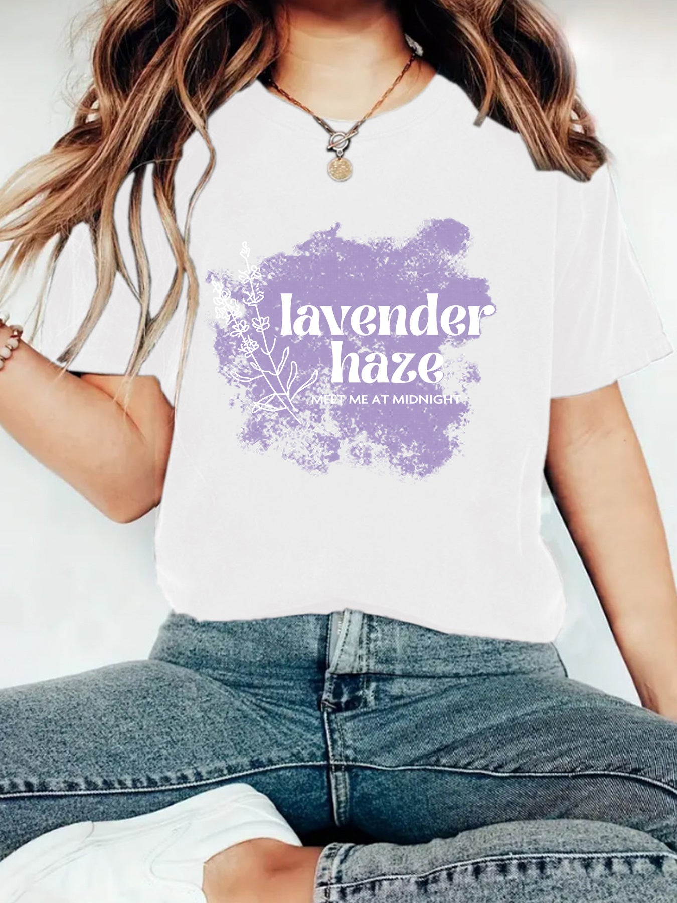 Lavender Haze' Pattern Printed Round Neck Short Sleeved T-Shirt | Graphic Slogan Tee