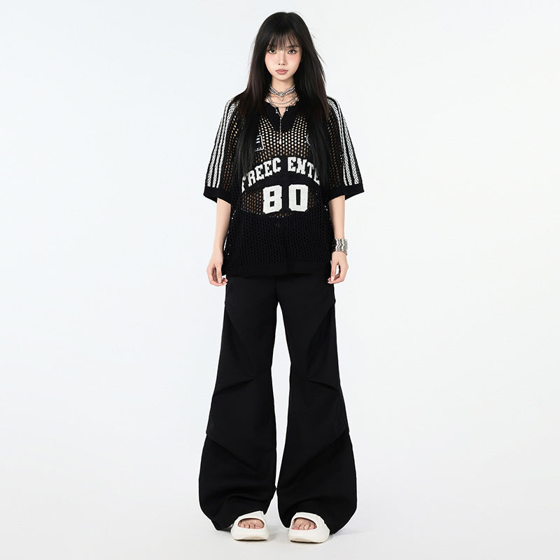 Chic White High-Waist Pleated Flared Trousers - Elegant Loose Fit