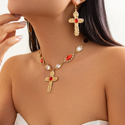 Palace Style Cross Pendant Necklace & Earring Set with Red Gemstones